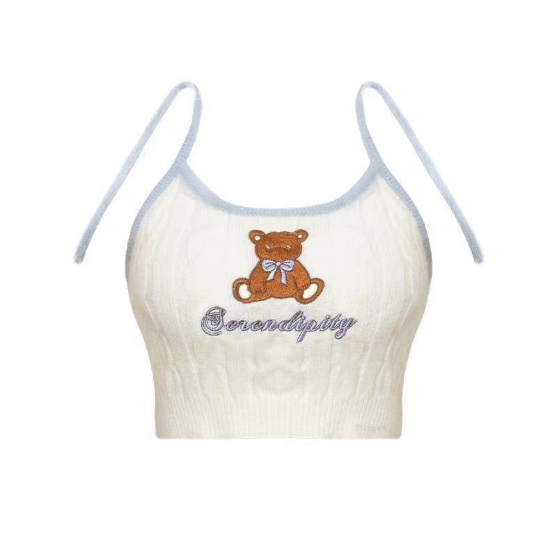 Knit Teddy Crop Top - crochet, embroidered, embroidery, knit, knit top Kawaii Babe
