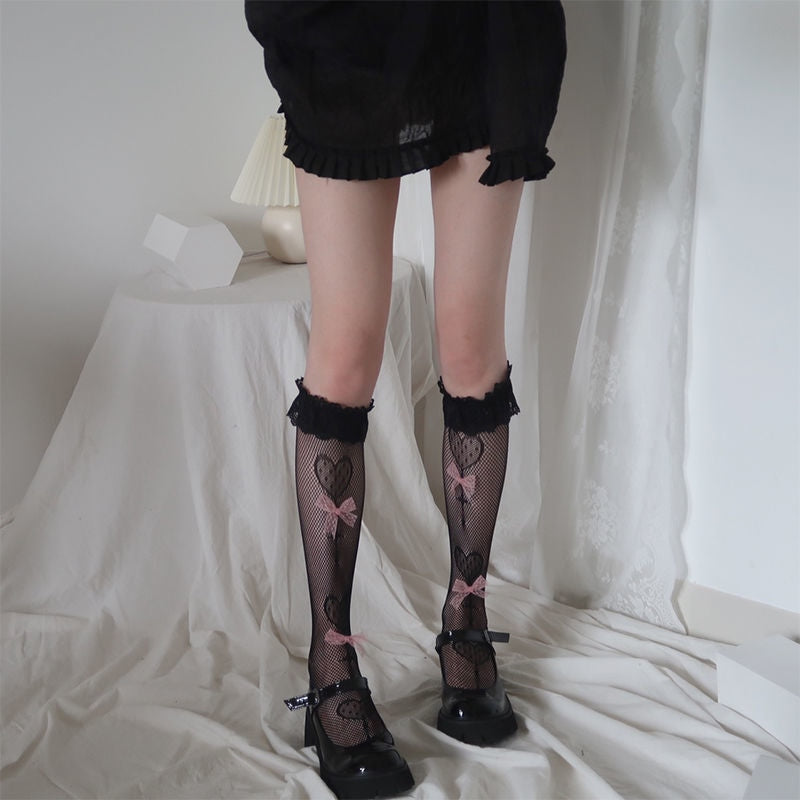 Lace Heart & Ribbon Stockings - angelcore, angelic, coquette, dollette, fairycore Kawaii Babe