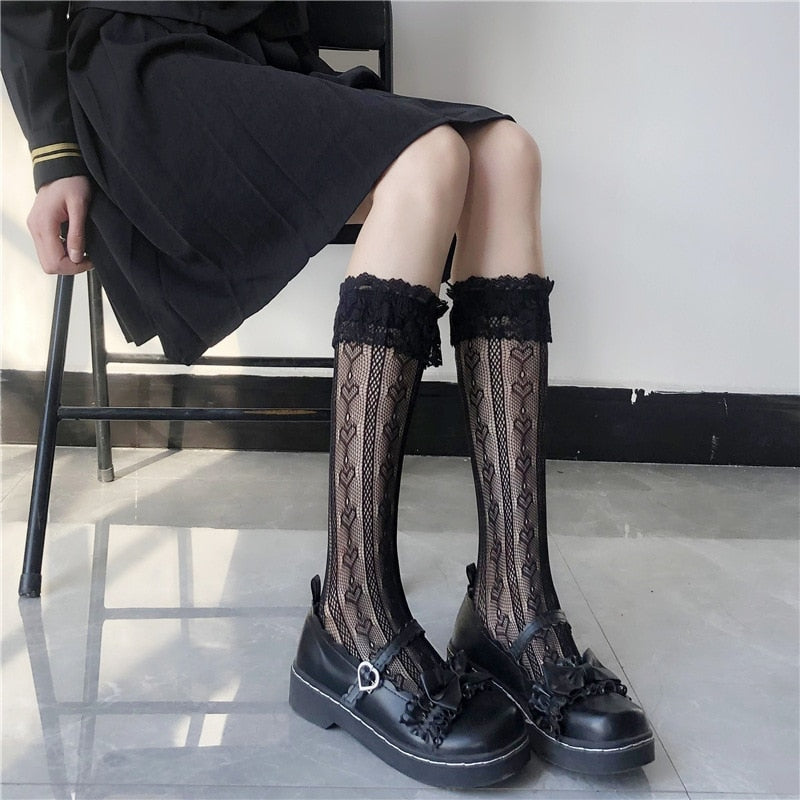 Lace Heart & Ribbon Stockings - angelcore, angelic, coquette, dollette, fairycore Kawaii Babe