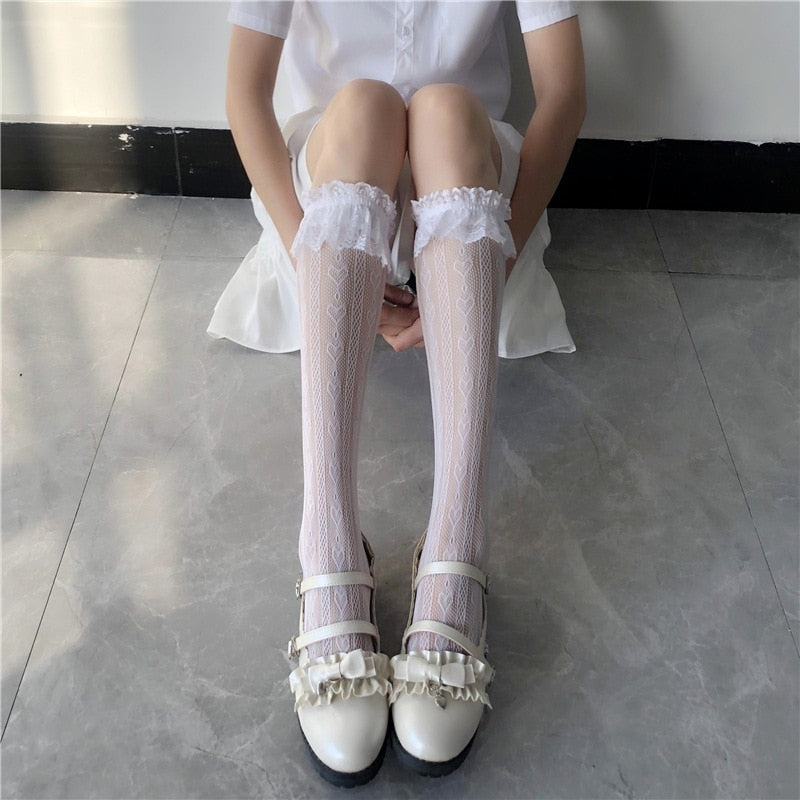 Lace Heart & Ribbon Stockings - angelcore, angelic, coquette, dollette, fairycore Kawaii Babe
