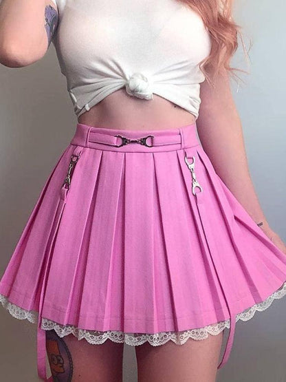 Lace Hemmed Pleated Skirt - belted, lace trim, pink skirt, pleated skirts