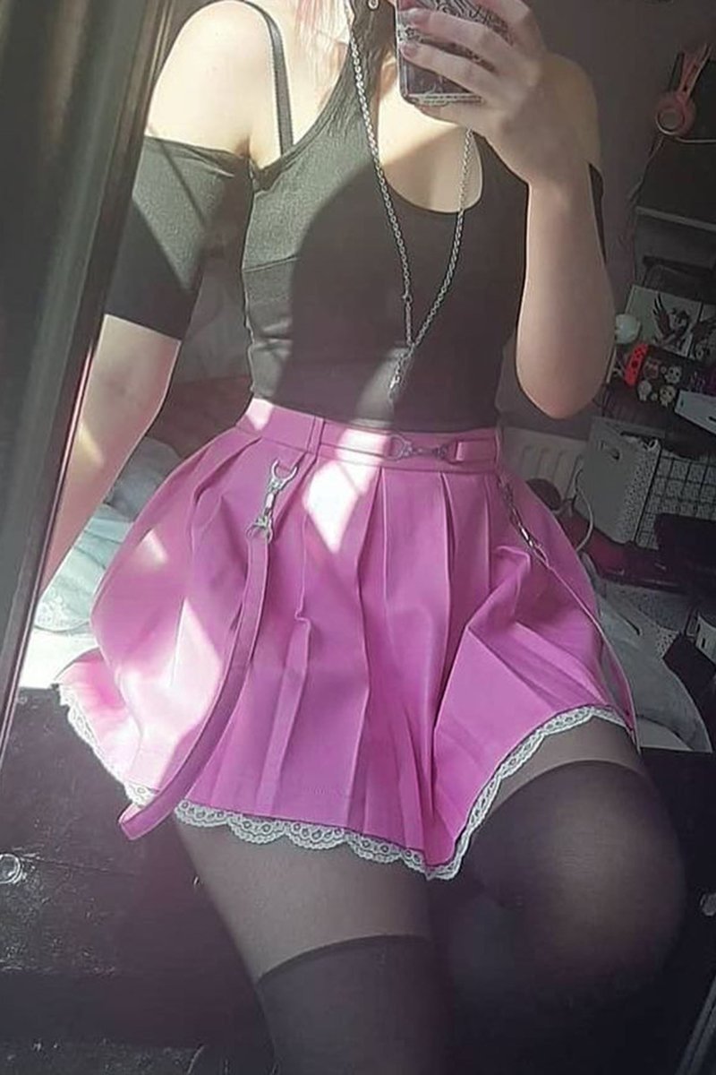 Lace Hemmed Pleated Skirt - belted, lace trim, pink skirt, pleated skirts