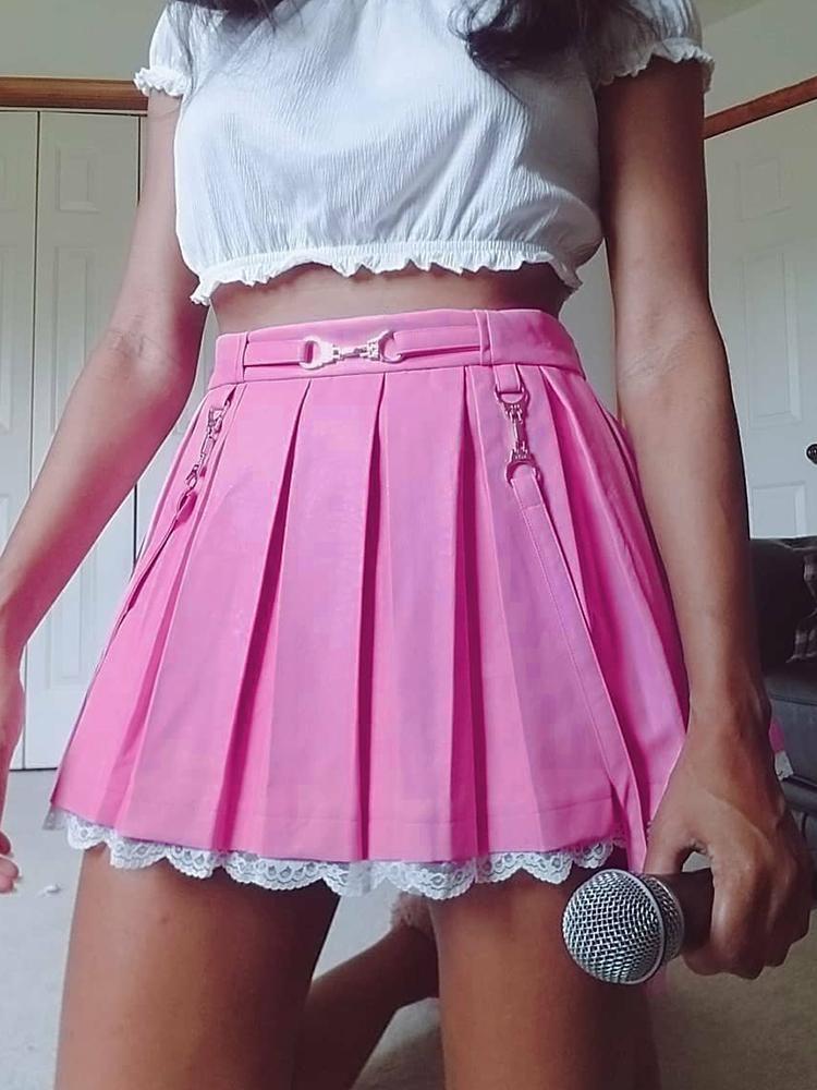 Lace Hemmed Pleated Skirt - belted, lace trim, pink skirt, pleated skirts
