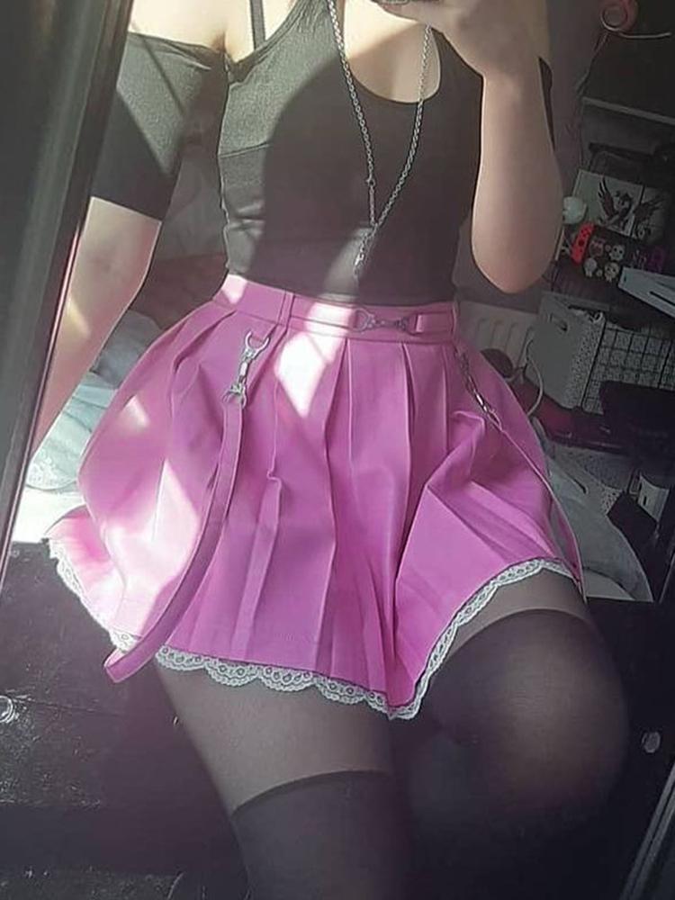 Lace Hemmed Pleated Skirt - belted, lace trim, pink skirt, pleated skirts