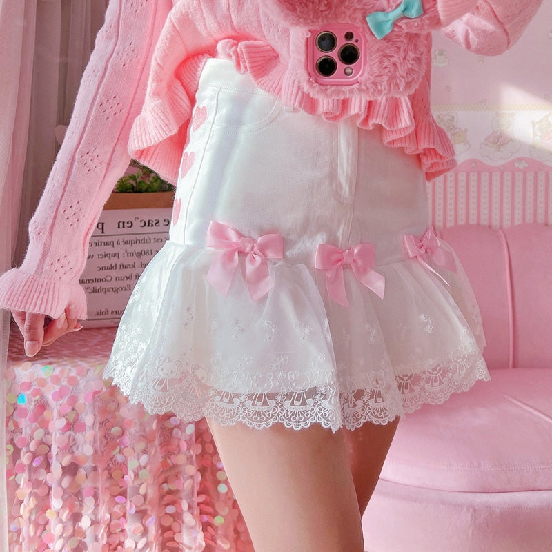 Lace ribbon lolita skirt - bow skirt - bowknot - bows - fairy kei - girly