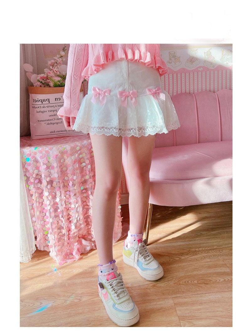 Lace ribbon lolita skirt - bow skirt - bowknot - bows - fairy kei - girly