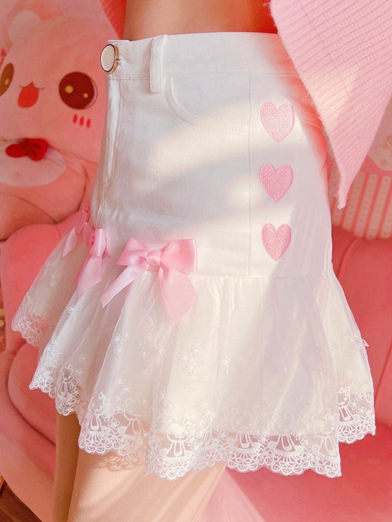 Lace ribbon lolita skirt - bow skirt - bowknot - bows - fairy kei - girly