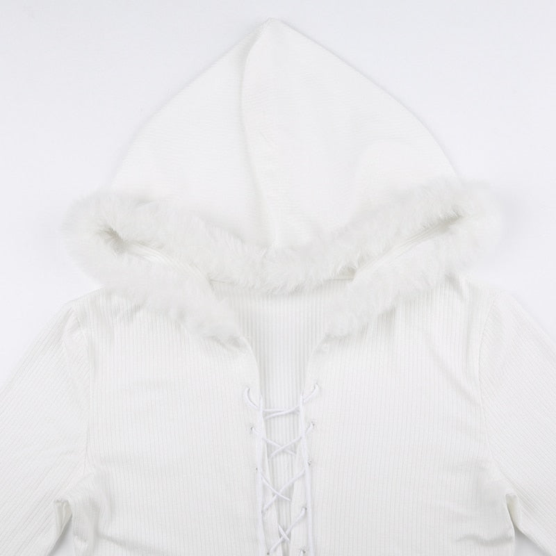 Lace Up Fur Hooded Cardigan - coquette, dollette, fae, faecore, fairycore Kawaii Babe