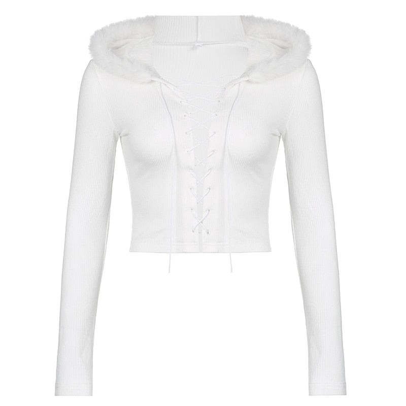 Lace Up Fur Hooded Cardigan - coquette, dollette, fae, faecore, fairycore Kawaii Babe
