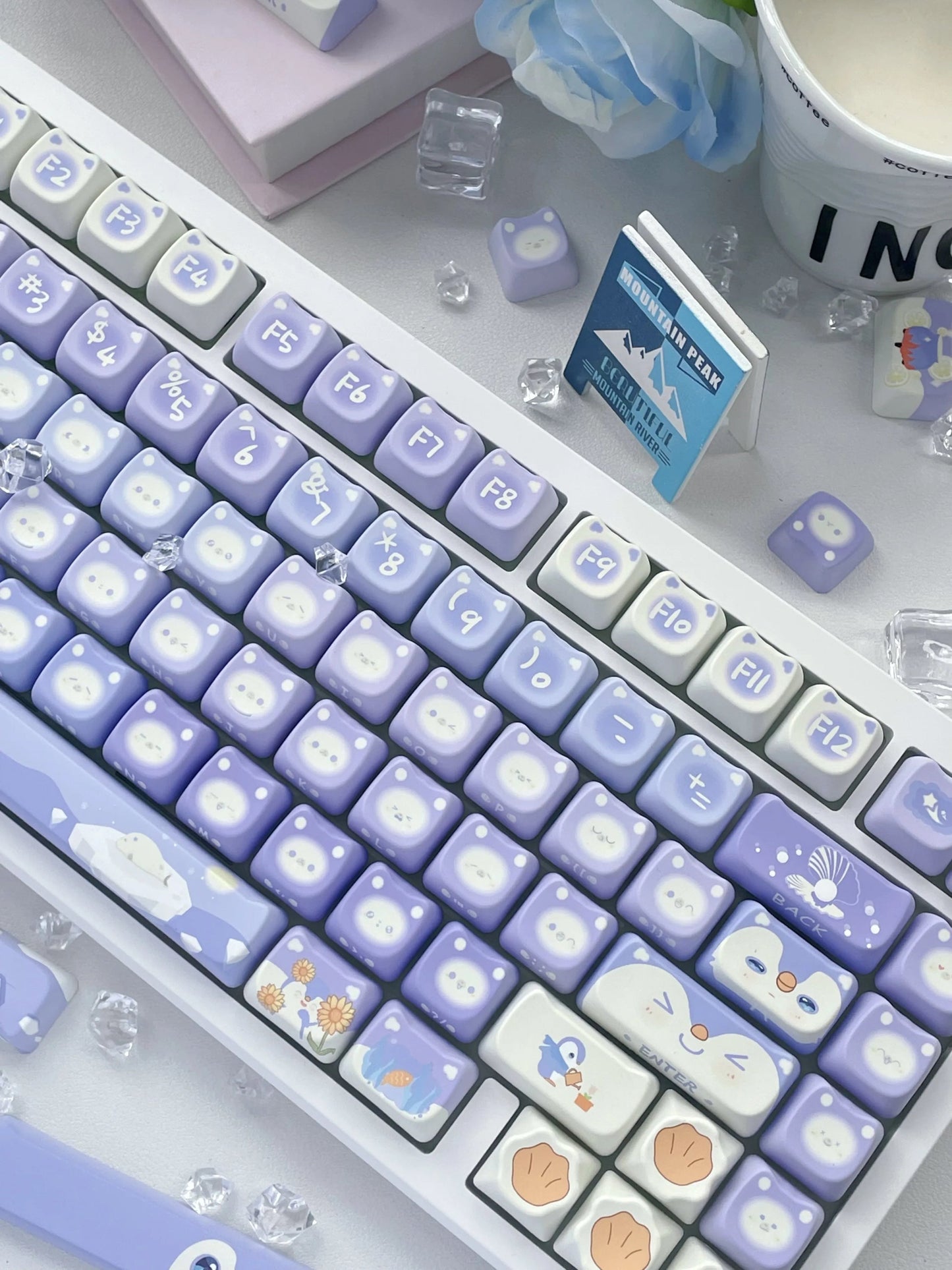 Lavender penguin full key cap set - 142 keycaps - backlit - kawaii - key caps - keyboard