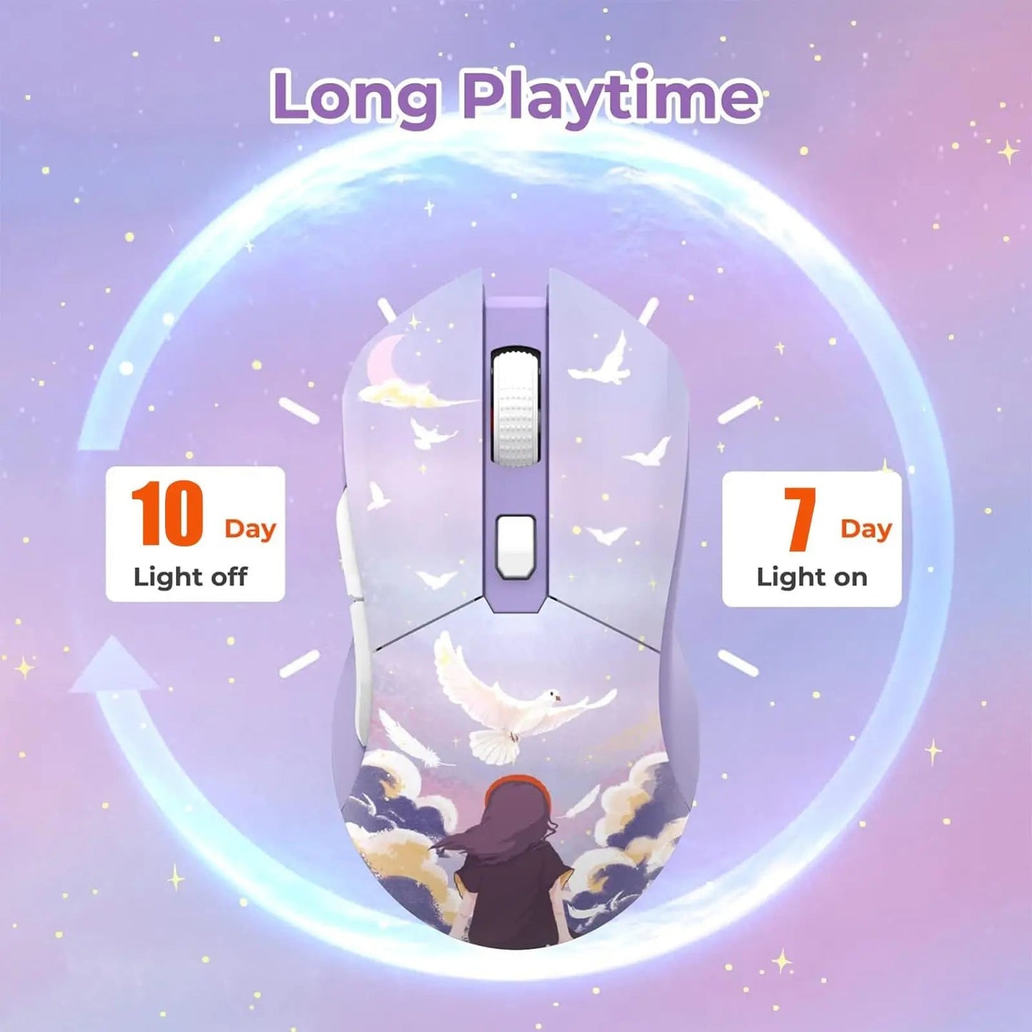 Lavender skies wireless gaming mouse - 2.4g - dual modes - ergonomic - gaming mouse - lavender