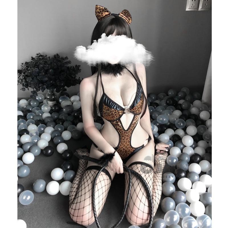 Little Leopard Lingerie Set - bodysuit, cat, cats, fishnet, kitten