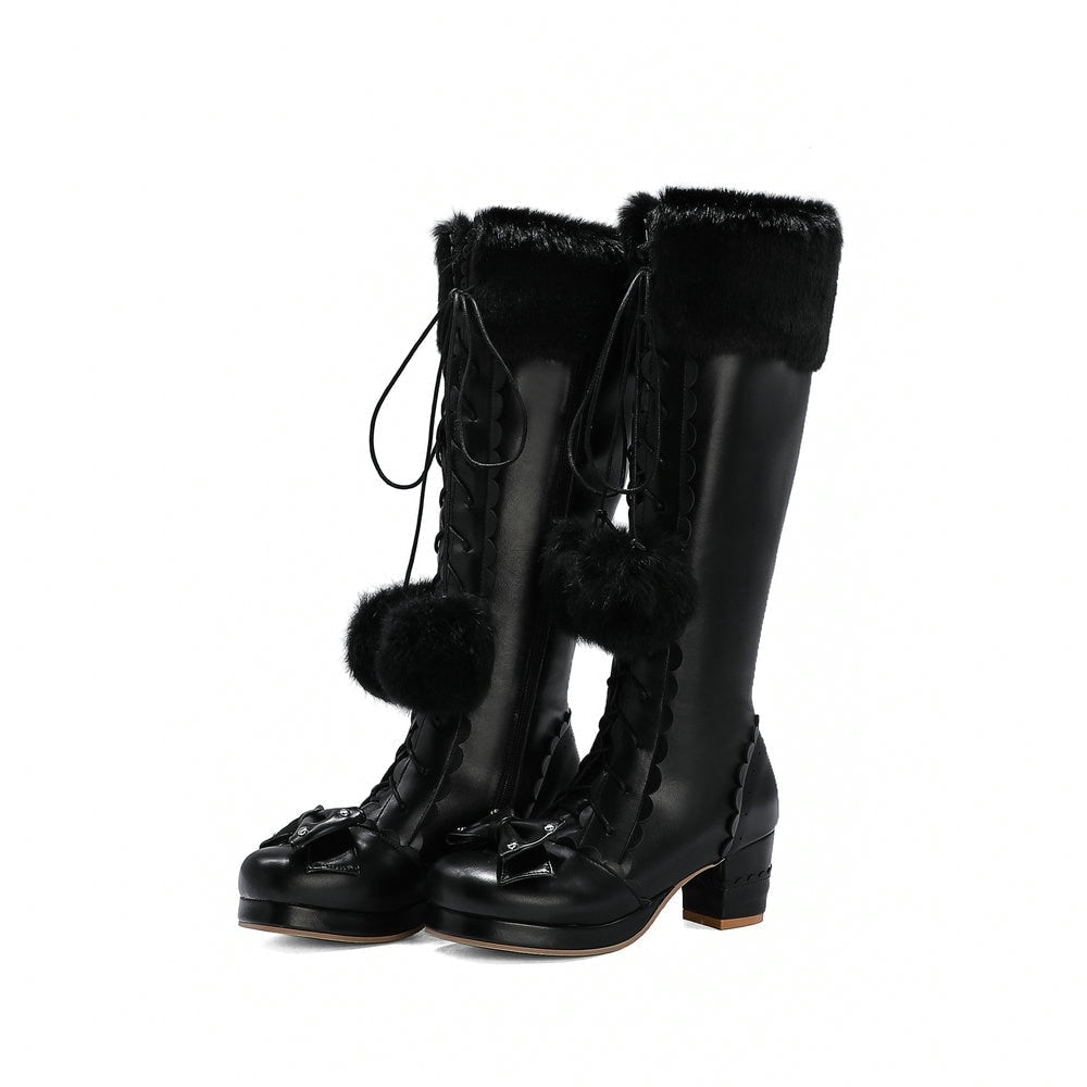 Lolita Bow Fur Knee High Boots - booties, boots, footwear, lolita fashion, lolita style Kawaii Babe