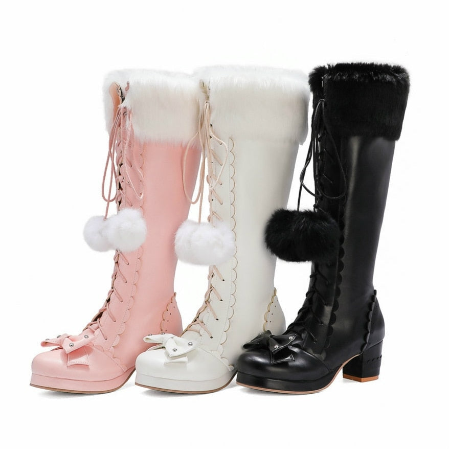 Lolita Bow Fur Knee High Boots - booties, boots, footwear, lolita fashion, lolita style Kawaii Babe