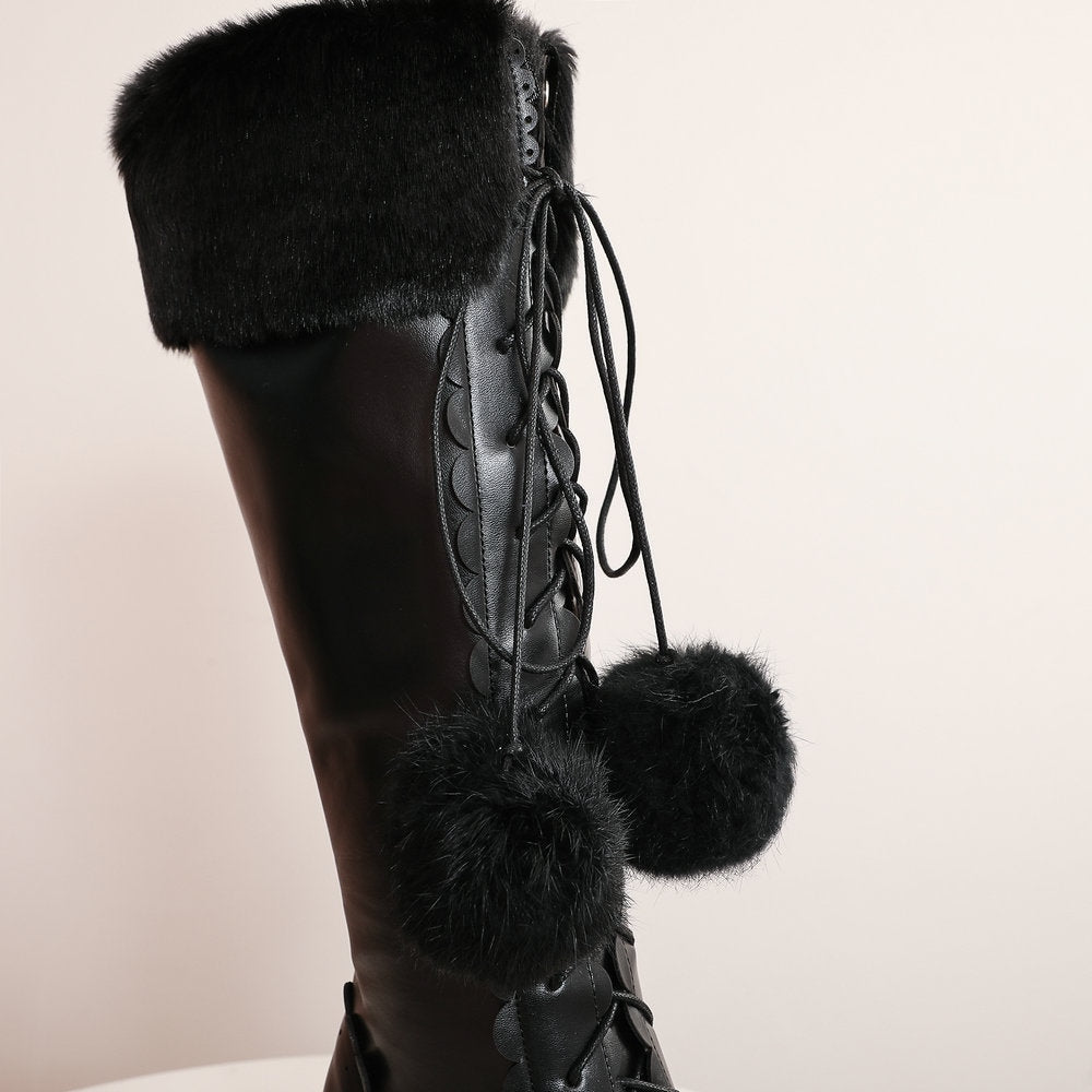 Lolita Bow Fur Knee High Boots - booties, boots, footwear, lolita fashion, lolita style Kawaii Babe