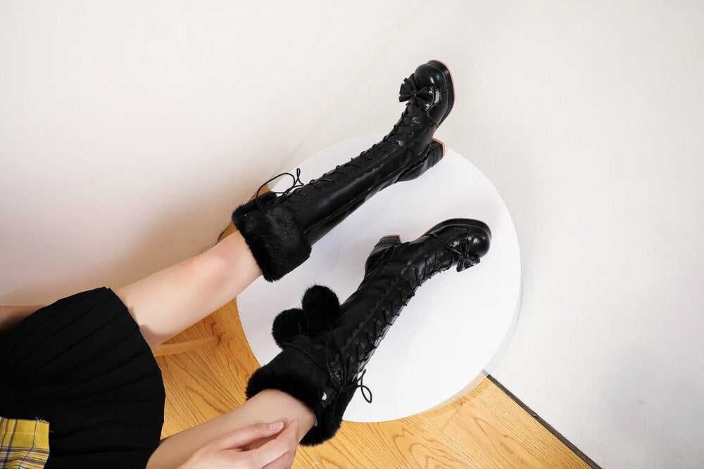 Lolita Bow Fur Knee High Boots - booties, boots, footwear, lolita fashion, lolita style Kawaii Babe