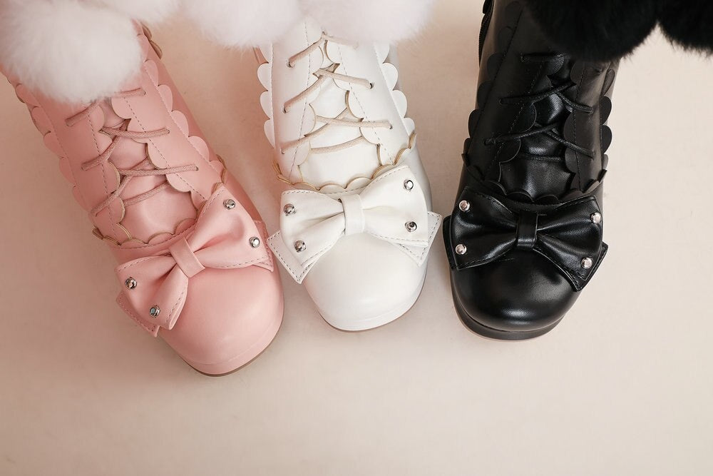 Lolita Bow Fur Knee High Boots - booties, boots, footwear, lolita fashion, lolita style Kawaii Babe