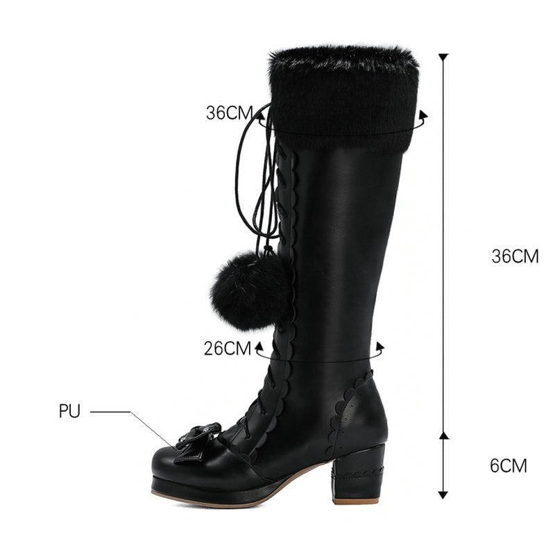 Lolita Bow Fur Knee High Boots - booties, boots, footwear, lolita fashion, lolita style Kawaii Babe