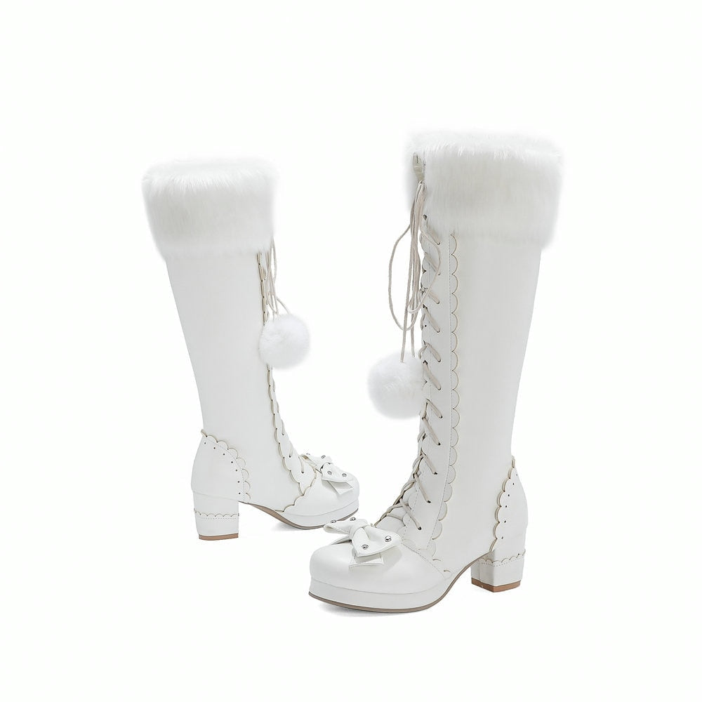 Lolita Bow Fur Knee High Boots - booties, boots, footwear, lolita fashion, lolita style Kawaii Babe