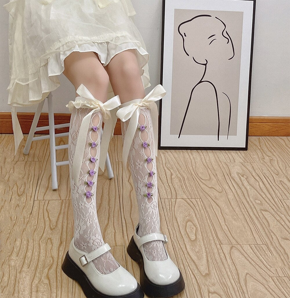 Lolita Lace Ribbon & Rosebud Stockings - angelcore, angelic, dainty, dollette, elegant Kawaii Babe