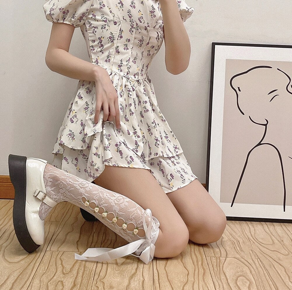 Lolita Lace Ribbon & Rosebud Stockings - angelcore, angelic, dainty, dollette, elegant Kawaii Babe