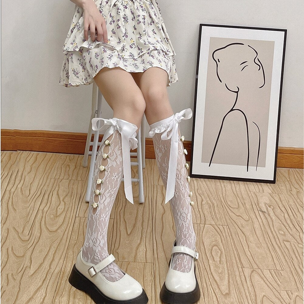 Lolita Lace Ribbon & Rosebud Stockings - angelcore, angelic, dainty, dollette, elegant Kawaii Babe