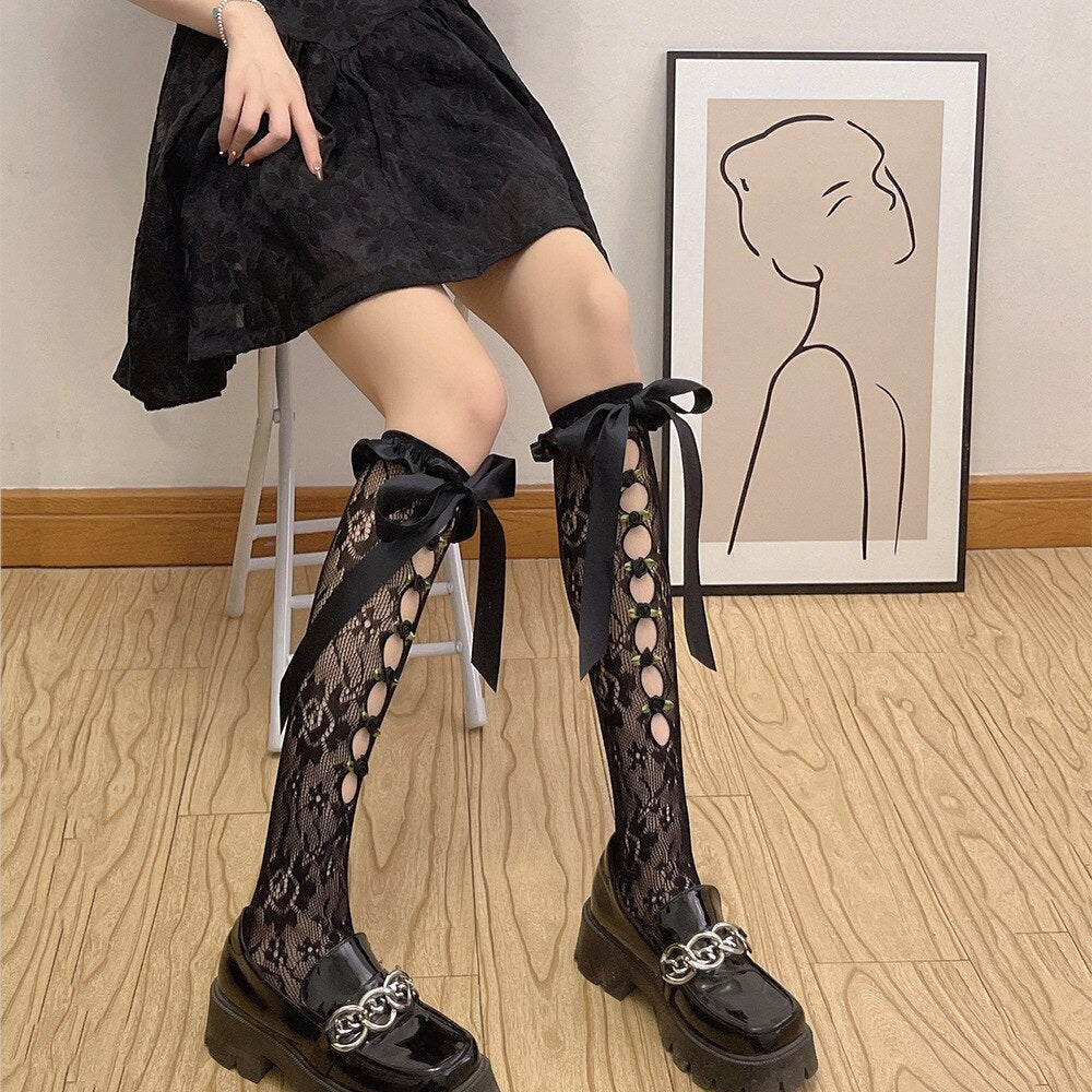 Lolita Lace Ribbon & Rosebud Stockings - angelcore, angelic, dainty, dollette, elegant Kawaii Babe