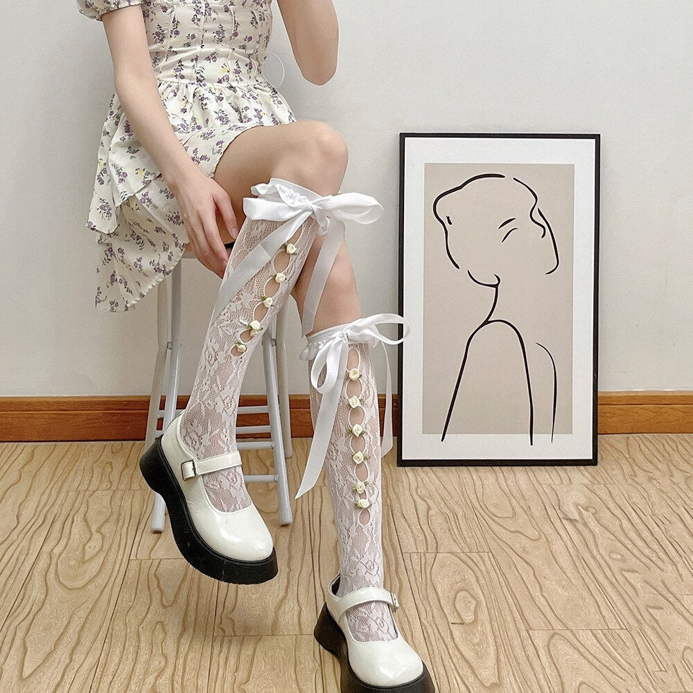 Lolita Lace Ribbon & Rosebud Stockings - angelcore, angelic, dainty, dollette, elegant Kawaii Babe