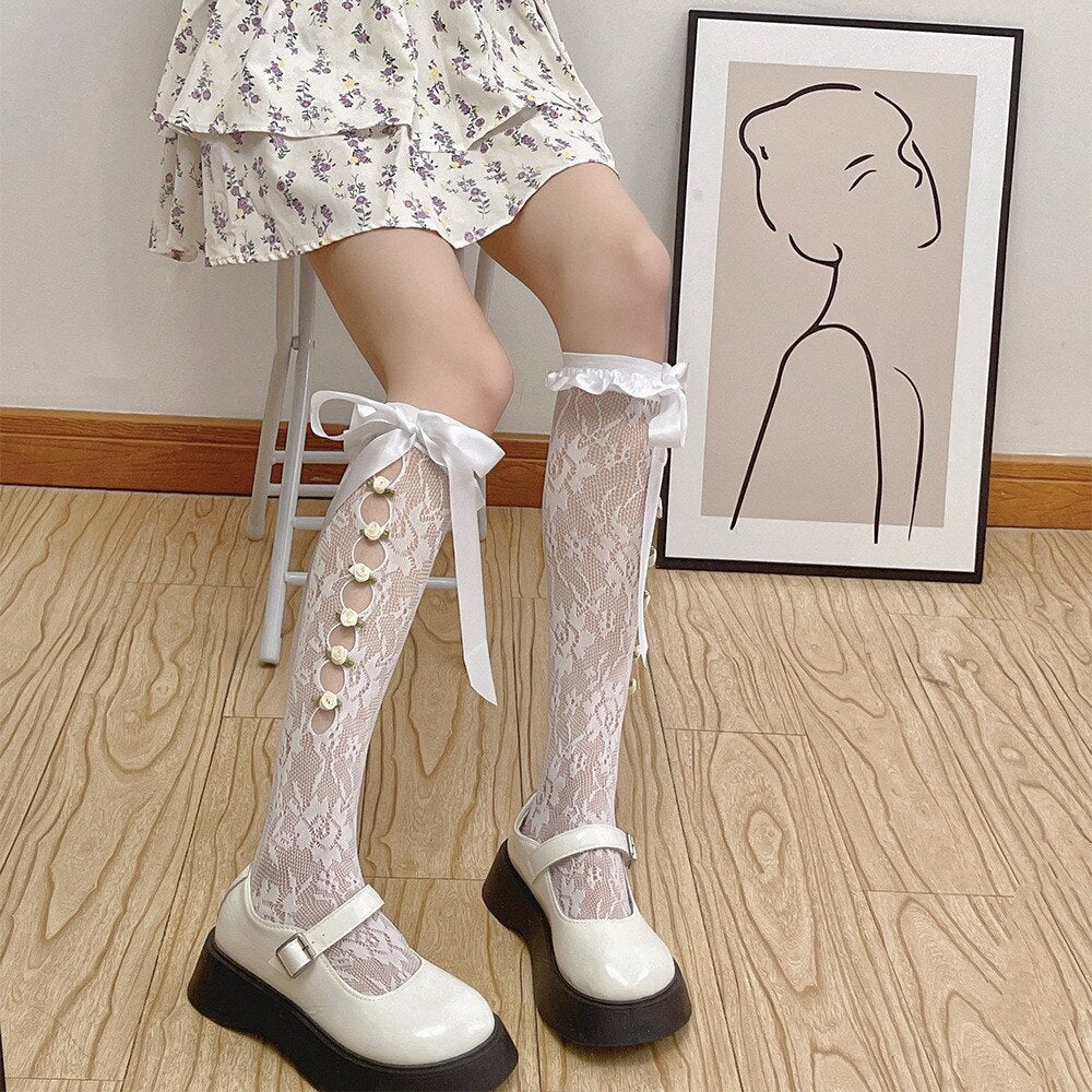 Lolita Lace Ribbon & Rosebud Stockings - angelcore, angelic, dainty, dollette, elegant Kawaii Babe
