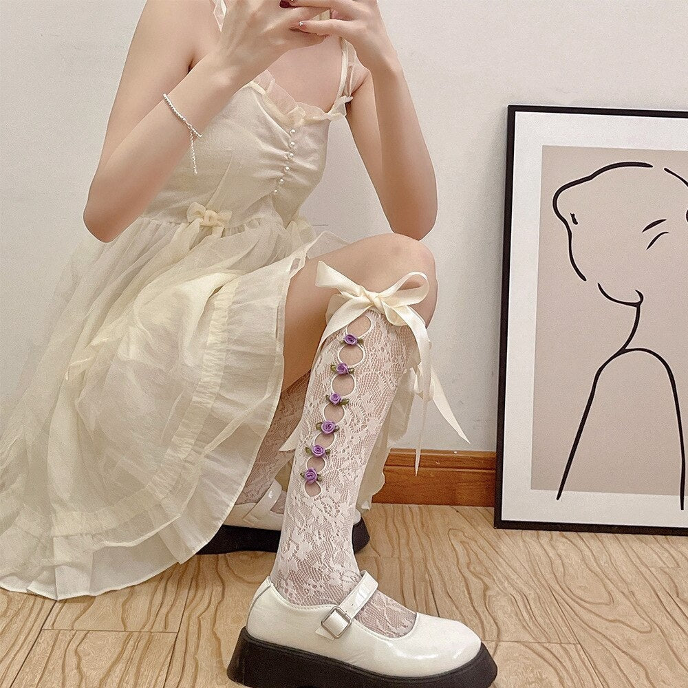 Lolita Lace Ribbon & Rosebud Stockings - angelcore, angelic, dainty, dollette, elegant Kawaii Babe
