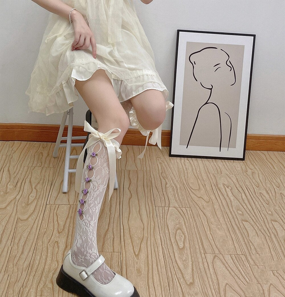 Lolita Lace Ribbon & Rosebud Stockings - angelcore, angelic, dainty, dollette, elegant Kawaii Babe