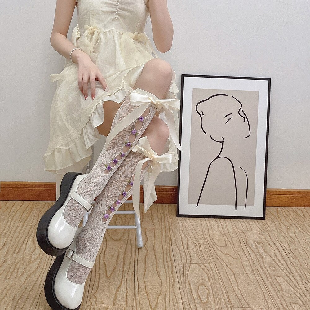 Lolita Lace Ribbon & Rosebud Stockings - angelcore, angelic, dainty, dollette, elegant Kawaii Babe