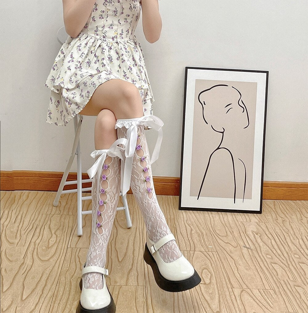 Lolita Lace Ribbon & Rosebud Stockings - angelcore, angelic, dainty, dollette, elegant Kawaii Babe