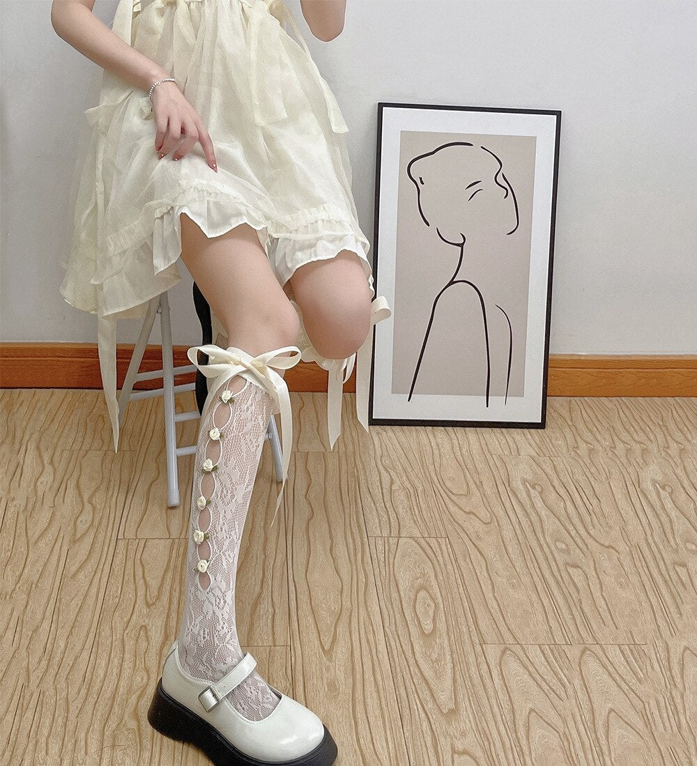Lolita Lace Ribbon & Rosebud Stockings - angelcore, angelic, dainty, dollette, elegant Kawaii Babe