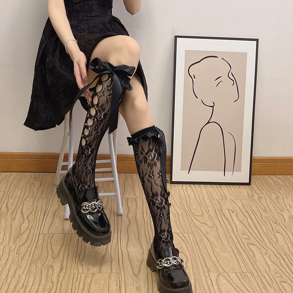 Lolita Lace Ribbon & Rosebud Stockings - angelcore, angelic, dainty, dollette, elegant Kawaii Babe