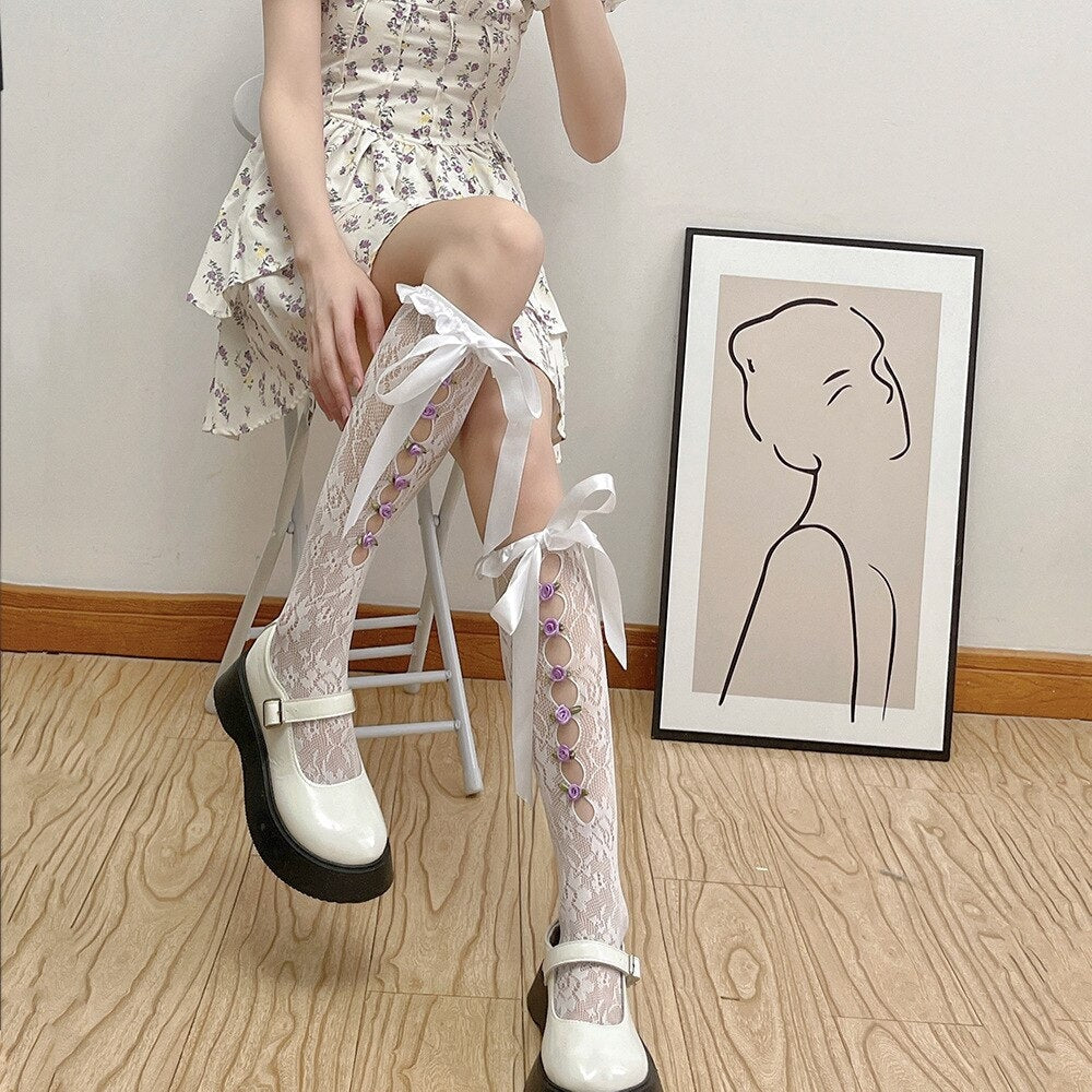 Lolita Lace Ribbon & Rosebud Stockings - angelcore, angelic, dainty, dollette, elegant Kawaii Babe