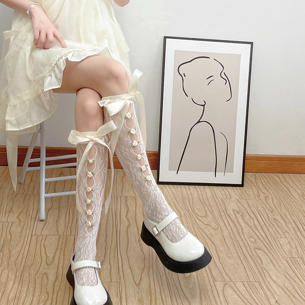 Lolita Lace Ribbon & Rosebud Stockings - angelcore, angelic, dainty, dollette, elegant Kawaii Babe