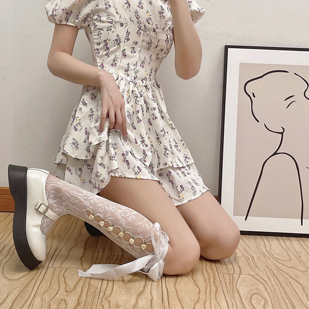 Lolita Lace Ribbon & Rosebud Stockings - angelcore, angelic, dainty, dollette, elegant Kawaii Babe