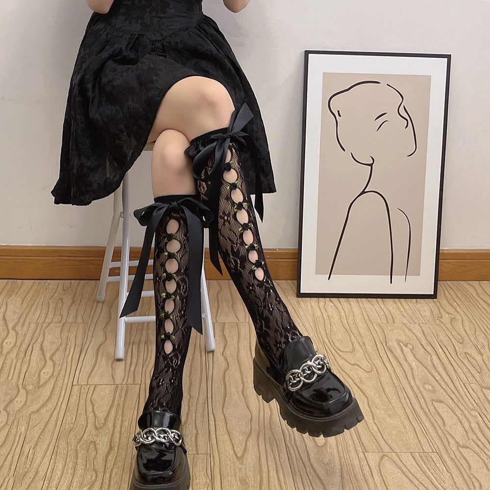 Lolita Lace Ribbon & Rosebud Stockings - angelcore, angelic, dainty, dollette, elegant Kawaii Babe
