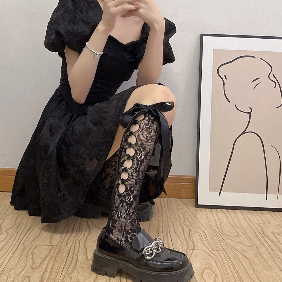 Lolita Lace Ribbon & Rosebud Stockings - angelcore, angelic, dainty, dollette, elegant Kawaii Babe
