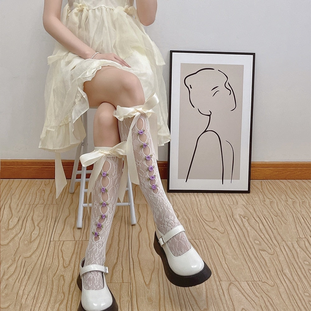 Lolita Lace Ribbon & Rosebud Stockings - angelcore, angelic, dainty, dollette, elegant Kawaii Babe