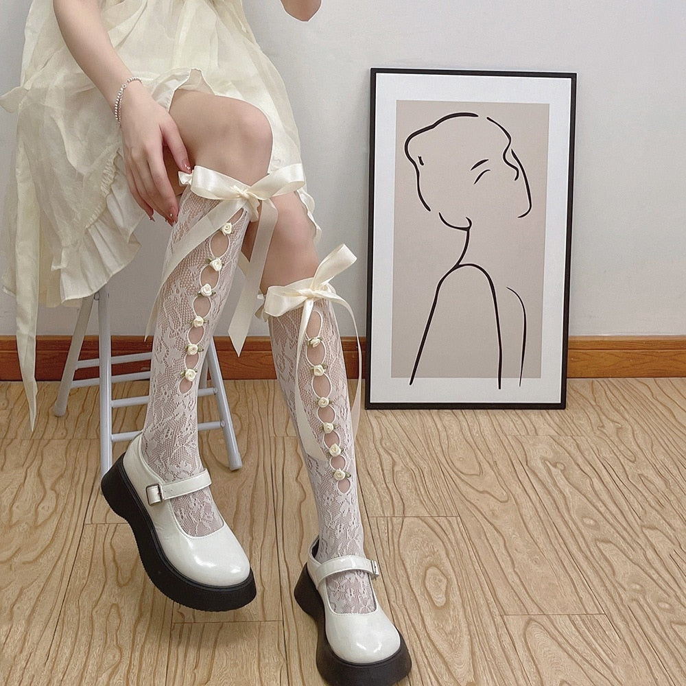 Lolita Lace Ribbon & Rosebud Stockings - angelcore, angelic, dainty, dollette, elegant Kawaii Babe