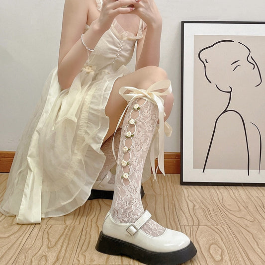 Lolita Lace Ribbon & Rosebud Stockings - angelcore, angelic, dainty, dollette, elegant Kawaii Babe