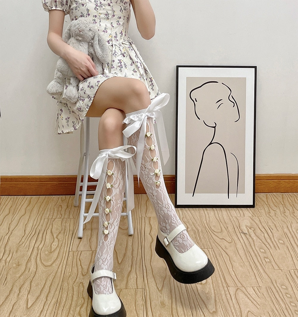 Lolita Lace Ribbon & Rosebud Stockings - angelcore, angelic, dainty, dollette, elegant Kawaii Babe