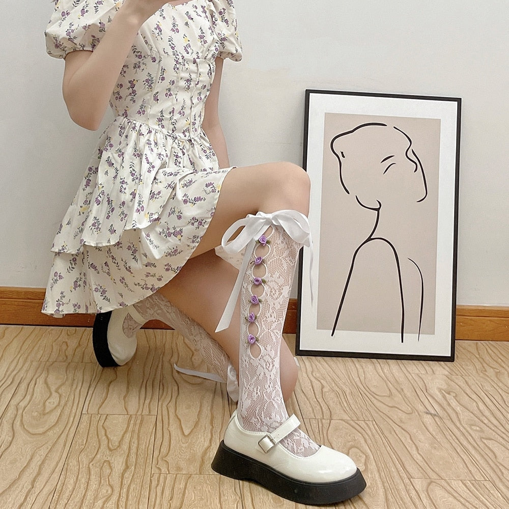 Lolita Lace Ribbon & Rosebud Stockings - angelcore, angelic, dainty, dollette, elegant Kawaii Babe