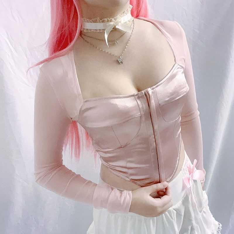 Long Sleeve Satin Bustier - coquette, dollette, fae, faecore, fairycore Kawaii Babe
