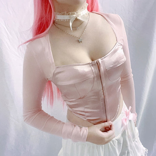 Long Sleeve Satin Bustier - coquette, dollette, fae, faecore, fairycore Kawaii Babe