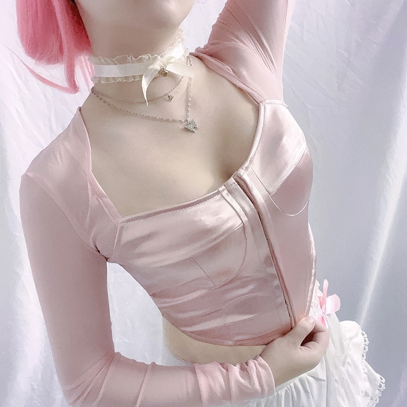 Long Sleeve Satin Bustier - coquette, dollette, fae, faecore, fairycore Kawaii Babe