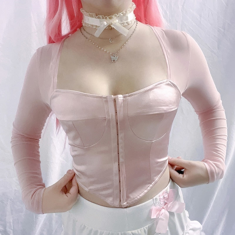 Long Sleeve Satin Bustier - coquette, dollette, fae, faecore, fairycore Kawaii Babe