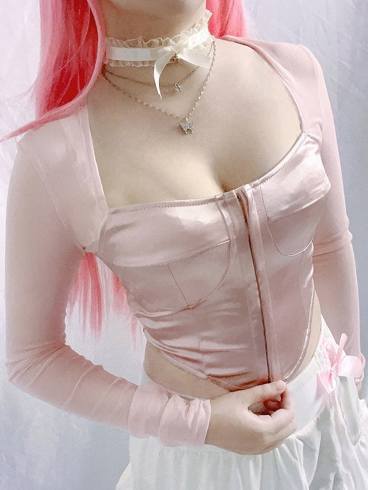 Long Sleeve Satin Bustier - coquette, dollette, fae, faecore, fairycore Kawaii Babe